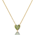 Detail shot of heart-cut emerald zircon pendant necklace with gold chain and claw setting - Necklace-Green