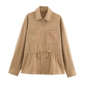 Detail of khaki utility jacket featuring adjustable drawstring waist and metal zipper closure - XS / Tops / Earthy Yellow