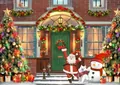 Christmas theme puzzle variant featuring Santa, snowman, and decorated tree festive design - European Red Brick House Christmas Exterior Style (PT8)