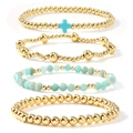 Gold beaded bracelet set with turquoise cross charm and faceted crystals for women - Turquoise Gold 4-Piece Set