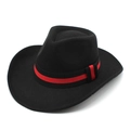 Classic black felt cowboy hat with red and black striped ribbon on white background - M (56-58cm) / Black
