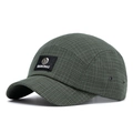 Dark green checkered camper hat with short brim and branded square fabric label - Army Green