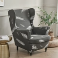 Dark gray stretch wingback chair cover featuring elegant white feather patterns - Gray Feather
