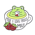 Cartoon green frog in a white mug enamel pin featuring red strawberry details - XZ7390-Frog MILF Mug