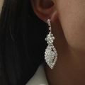 Elegant silver tassel earrings with sparkling white crystals shown on a model - Silver Rhinestone Long Dangle (DTE1416129S)