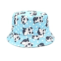 Detail of baby sun hat showing light blue polka dots and cute panda prints with fine stitching - Head Circumference 52-54cm / Sky Blue