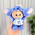 Labubu plush doll wearing a blue Stitch themed hoodie outfit and matching plush shoes - Stitch Keychain Hat / First And Second Generation Keychains Are Compatible With La Cloth Dolls. Dolls Not Included.
