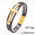Men's double-strand brown braided leather bracelet with large golden cross, 220mm length - Brown Leather Gold Color