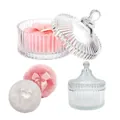 Detail of vintage ribbed glass powder jars with pink and white plush bow puffs - Glass Jar Set / 1 Pink + 1 White