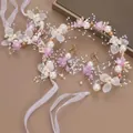 Floral headband set with matching earrings in soft pink and purple with pearls - Pearl Flower Headband - Purple