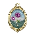 French vintage enamel purple rose flower pendant with gold plated metal oval frame - Blue Oval Purple Rose-22090
