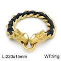 Herren Punk Drachenkopf Armband aus geflochtenem Leder mit Ringverschluss 220mm - Stil A Schwarzes Leder Gold
