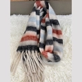 Thick rainbow striped knit scarf in orange, black, and blue with long tassels - Orange Red Blue Beige Plaid
