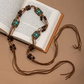 Bohemian brown woven belt with antique bronze metal plates and turquoise beads - Dark Brown Wax Rope Square Bronze Turquoise (X451-21)
