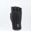 Close-up of dark grey knitted fingerless glove featuring elastic cuffs and deer logo patch - One Size / Dark Gray