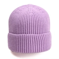 Detail view of the ribbed knit pattern and folded brim on this light purple winter beanie - Light Purple