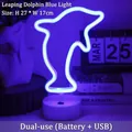 Blue dolphin neon LED light on base with USB and battery power, 27cm tall decor - Leaping Dolphin Blue Light