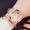 Montre femme quartz dorée avec bracelet en cuir rose et bracelet strass assorti - Rose 2#