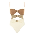 Maillot de bain une pièce color-block avec découpes et boucles dorées tons terre - S / Maillot de bain une pièce / Maillot de Bain Patchwork Marron