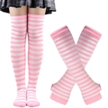 Pink and white striped over-knee socks and matching arm sleeves for holiday parties - Pink White Striped Socks and Gloves