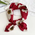Elegant wine red square scarf with white floral print in a textured cotton linen finish - Narcissus Wine Red