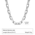 Collier chaîne à maillons trombone en acier inoxydable argenté 9,2mm large 60cm - 60cm Longueur
