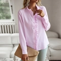 Camisa de mujer a rayas rosa y blanco con manga larga y elegantes detalles de volantes - S / Rosa