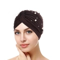 Deep brown pleated turban hat for women with white pearl embellishments on white background - Coffee