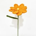Handmade crochet orange daisy flower with knit green stem and leaf on white background - Cosmos Orange