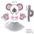 6-piece gray mouse costume set with ears headband, tutu, bow tie, paws and tail for kids - Gray Mouse Headband, Nose, Pink Bow Tie, Tail, Gloves, and Tutu Skirt
