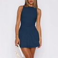 Elegant sleeveless A-line mini dress in deep blue color for a chic summer look - Navy Blue