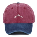 Detailed close-up of mountain embroidery on a washed burgundy and blue baseball cap - Adjustable / Red Blue Patchwork