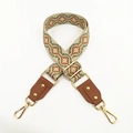 Close-up of geometric ethnic canvas strap with leather ends and golden metal hooks - Style 6 Brown (#6+Brown)