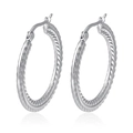 Textured round stainless steel hoop earrings in silver finish for women - Steel Wheat Pattern