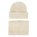 Close-up of ribbed knit beanie and neck warmer set in beige winter thermal fabric - Beige