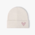 Bonnet en tricot blanc crème avec motif jacquard cœur rose et texture en laine côtelée - Taille unique / Beige