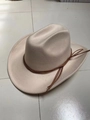 Classic cream wide brim fedora hat with brown faux leather band detail - M (56-58cm) / Beige 02