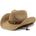Adjustable western straw cowboy hat with leather band and wind rope for outdoor sun protection - M (56-58cm) / Khaki