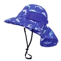 Detail of blue shark print sun hat with breathable mesh and protective neck flap - Royal Blue Shark
