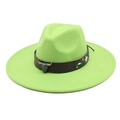 Ethnic wide brim wool fedora hat in bright green with bull head leather band - M (56-58cm) / Fruit Green