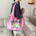 Pink and white checkered canvas tote bag with cute Love Bunny and cherry prints - Pink Plaid Love Bunny
