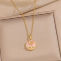 Collana vintage dorata con pendente a fiore in smalto rosa e perla in astuccio beige - Fiore Ape Rotondo - Rosa (A14 Rosa)