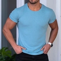 Men's slim fit short sleeve t-shirt in light blue with ribbed texture and crew neck - Light Blue