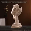Modern sandstone resin mask figurine in Silent pose for minimalist home office decor - Hear No Evil / Sandstone Color