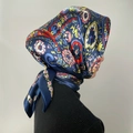 Navy blue satin silk scarf with vintage ethnic floral print for women bawal styling - #30 Navy Paisley