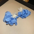 Elegant blue fabric rose earrings with white pearls and small flower detail - Fabric Rose Style (42#)