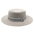 Detailed close-up of woven straw texture and striped ribbon on a flat boater hat - M (56-58cm) / Gray