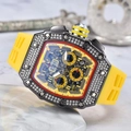 Tonneau sport watch with yellow rubber strap, iced-out bezel, and skeleton dial - Yellow Dial Black Case Yellow Strap