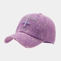 Detail of purple washed baseball cap featuring Give Blood cross embroidery and distressed texture - Adjustable / Purple