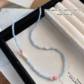 Tiger eye beaded necklace with light blue faceted stones and white pearls 39cm length - Amazonite Necklace XL0777